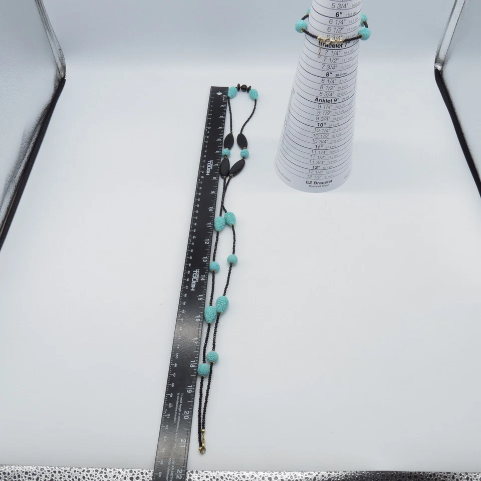 Conjunto de pulsera collar con cuentas talladas en flores azules lindo divertido boho 42" y 7" Foto 3 de 4