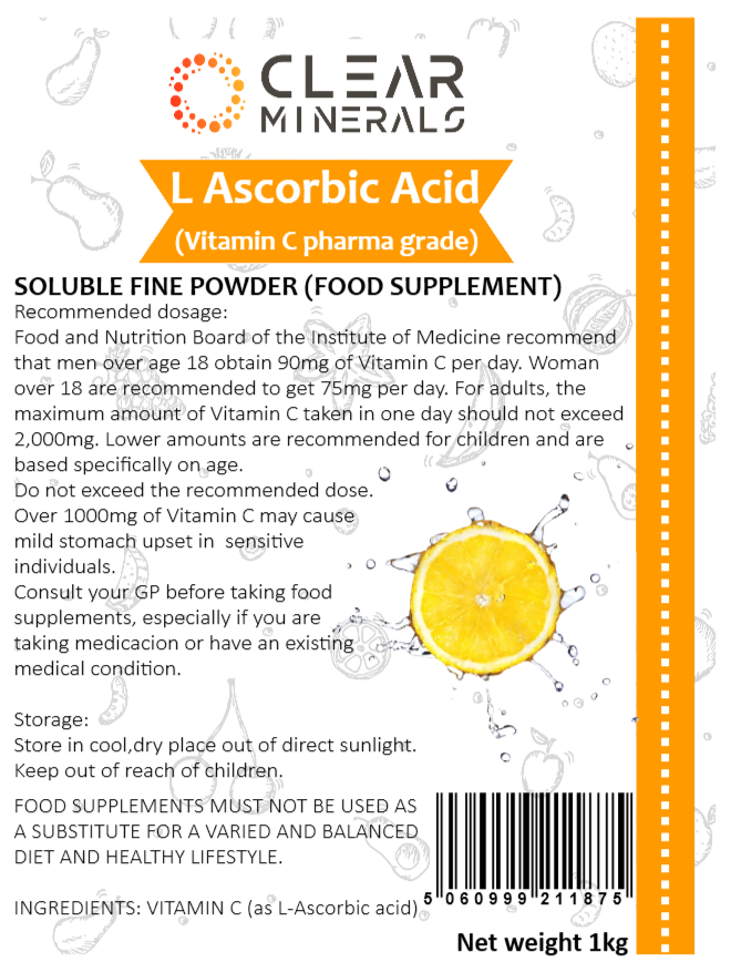 L Ascorbic Acid Vitamin C E300, Pharmaceutical grade powder, 1kg bottle