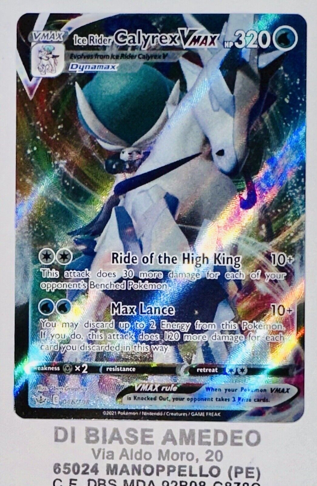 Pokemon Ice Rider Calyrex Vmax Full Art 046/198 Regno Glacial English NM/Mint