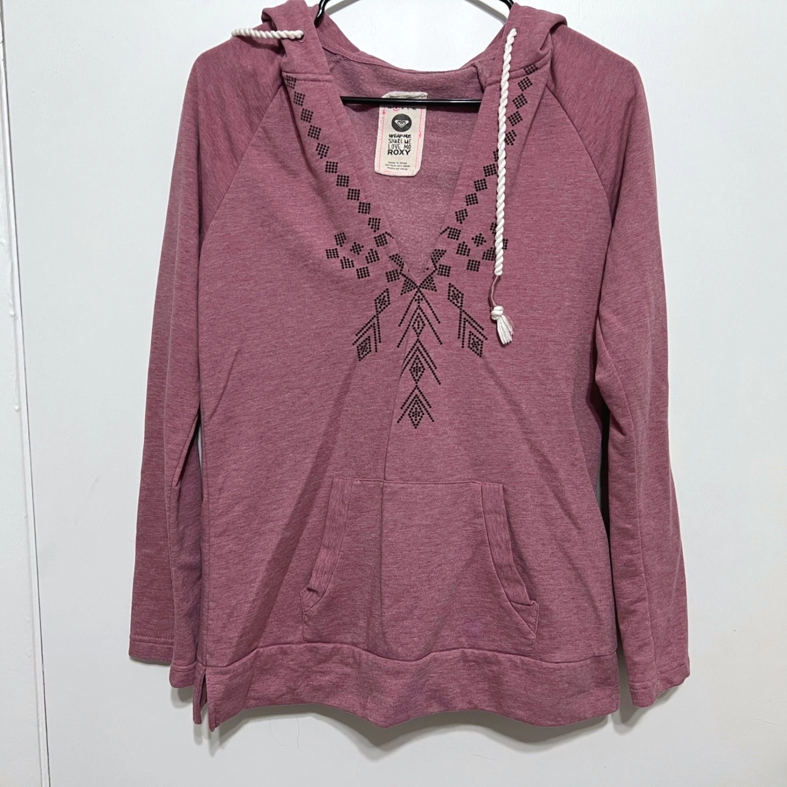 Roxy Hoodie Sweatshirt Womens Size S Pink Geometric V-Neck Pullover Boho Indie