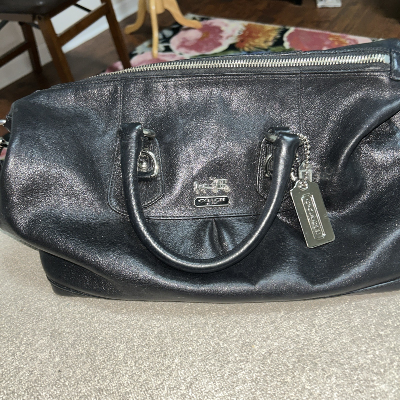 Coach Madison Sabrina black leather satchel shoulder bag with gold hardware.
