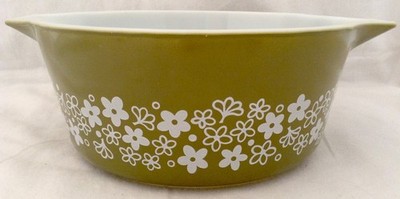 Vtg Pyrex Avocado Green Crazy Daisy 2.5 Qt Round Baking Dish 475-B USA Ovenware