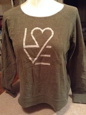 LIFE IS GOOD M "LOVE" EMBROIDERD OLIVE  BLACK SPECKLD CREW LT WEIGHT SWEATSHIRT