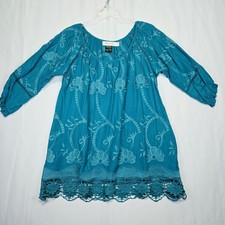 Teal Urban Mango Embroidered Top Tunic Boho Design Lace Details Sz L
