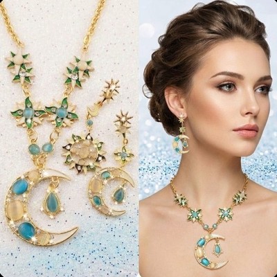 Gold Plated Teal Opalescent Crystal Moon Star Sun Necklace Earrings Set