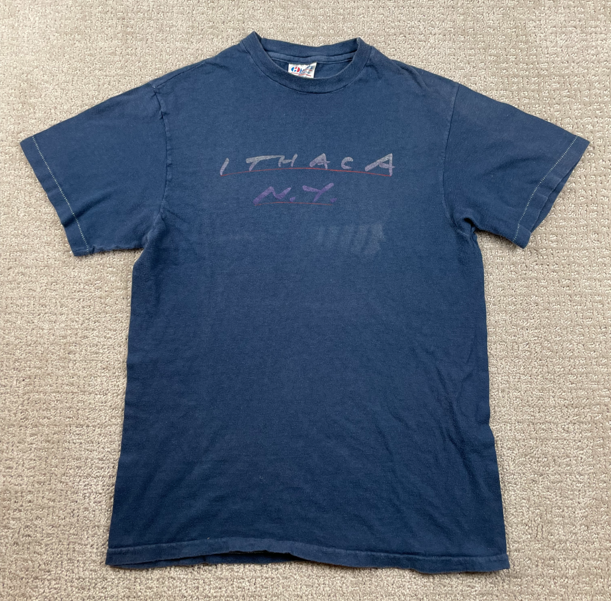 Vintage 80s Ithaca New York T Shirt Mens M (Fits XS) Blue Graphic Tee Hanes USA
