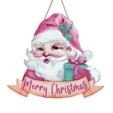 Merry Christmas Pink Santa Claus Front Door Sign, Xmas Gift Wood Hanger Outdo...