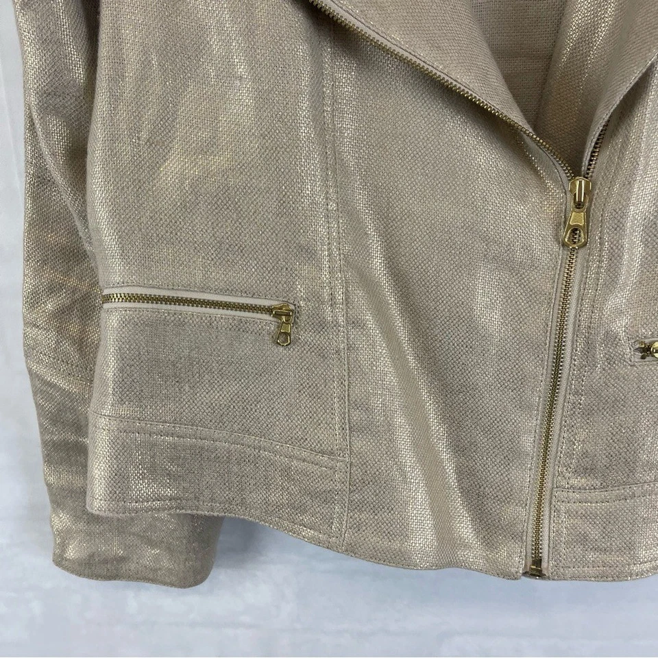 Chico's Metallic Linen Moto Jacket Gold Shimmer Size 1 (M) Lightweight Zip Front - Image 4 of 4