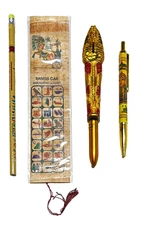 4 Piece EGYPTIAN SOUVENIR SET - Papyrus Bookmark, 2 Pens & Pencil
