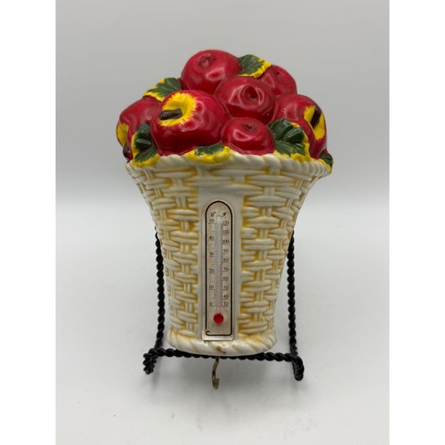 Vintage Ceramic Apple Basket Wall Thermometer with Hook Country Decor