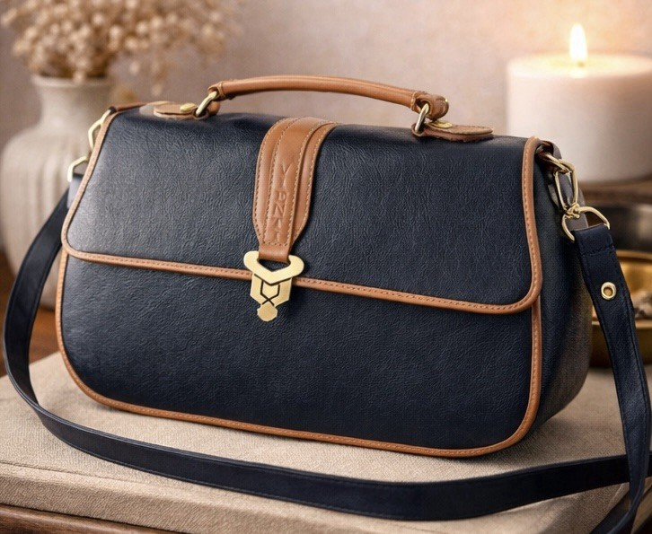 Vienti Black Faux Leather Satchel Bag Brown Trim Crossbody