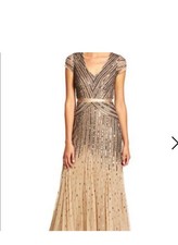 Adrianna Papell Tan Beaded Gown Dress Cap Sleeve V-Neck Waist Band Size 2 $300