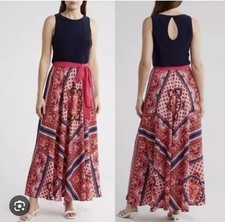 NWT ELIZA J Pink Paisley Scarf Print Belted Maxi Dress Navy Jersey Size 6