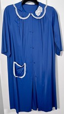 Vtg Shadowline Short Navy Gown Robe Set Womens M Nylon Lace Edged Neck Pocket