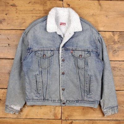 Vintage Levi's Jeansjacke L 80er Trucker Acid Wash Sherpa gefüttert USA Made Blau