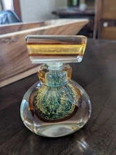 Gold And Blue Sommerso Hand Blown Cased Art Glass Perfume Bottle w/ Stopper 