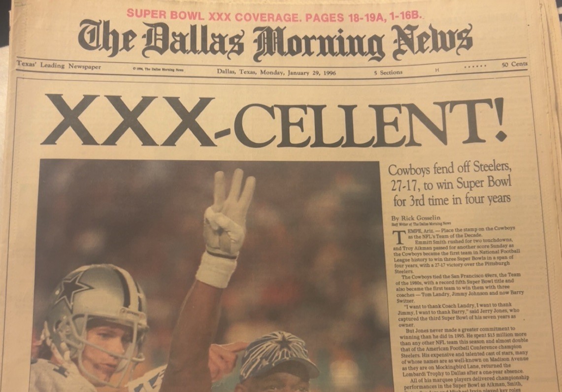 The Dallas Morning News Super Bowl Xxx Cowboys Win Jan 29 1996