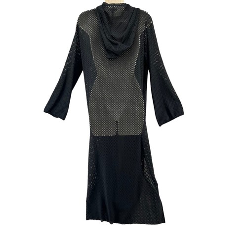 Moroccan Touch Kaftan Black Long Open Front Perforated Hooded Long Sleeve Size M - Picture 3 of 9