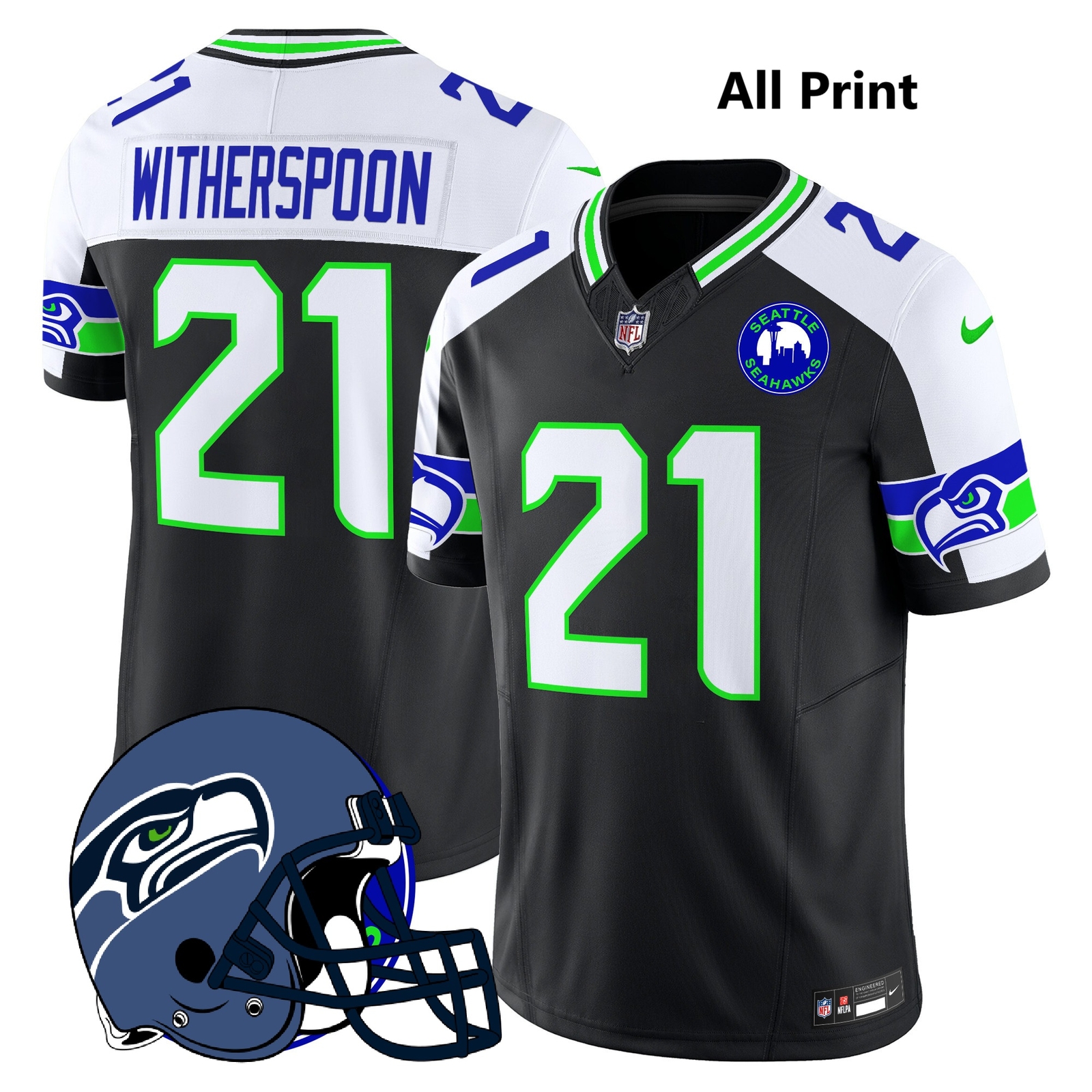 2024 Seahawks Seattle City Patch #21 Devon Witherspoon All-Print Football Jersey