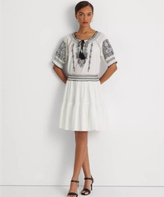 (取寄) ローレン ラルフローレン レディース エンブロイダー コットン ボイル ドレス Lauren Ralph Lauren women Embroidered Cotton Voile Dress Black/Tan LAUREN RALPH LAUREN Women's Embroidered Cotton Voile Dress | eBay