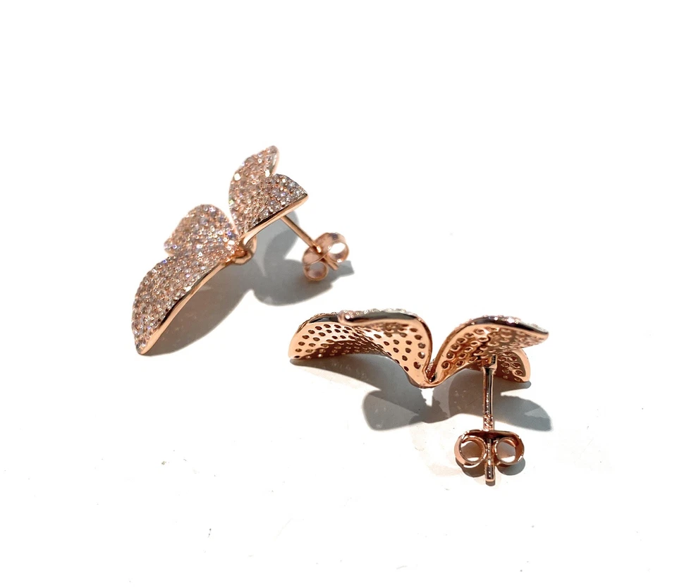 Orecchini Fiore Pavé Zirconi Bianchi Argento 925 Rosé Eleganti Donna - Immagine 3 di 3