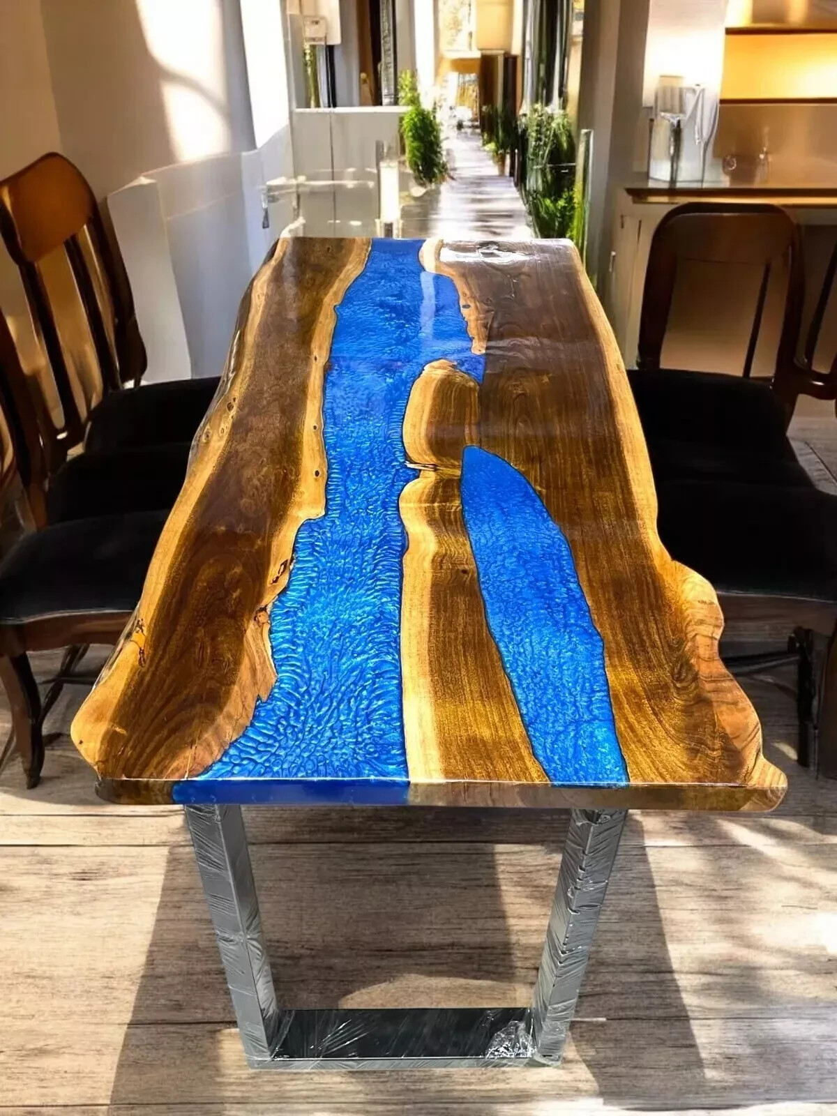 Blue Epoxy Resin Dining Table Handmade Kitchen Slab Console Decor