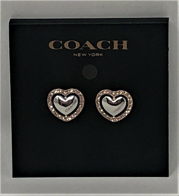 Brand New! Coach New York Silver / Gold Tone Heart Stud Earrings Paved