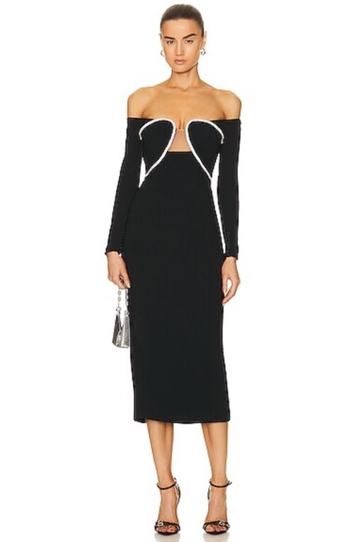 Self Portrait Crystal Off Shoulder Heavy Midi Dress Black