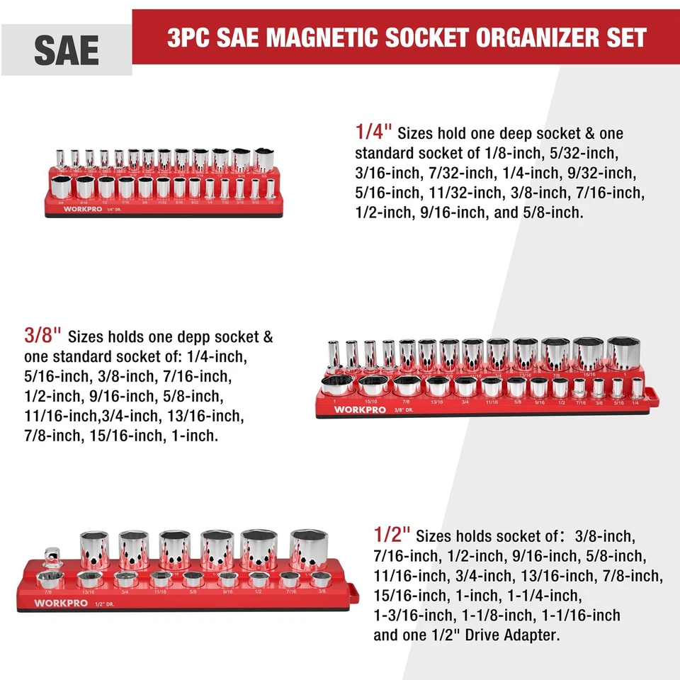 WORKPRO 3PCS Magnetic Socket Organizer Set SAE 1/4" 3/8" 1/2" Drive Socket Trays - Image 2 of 4