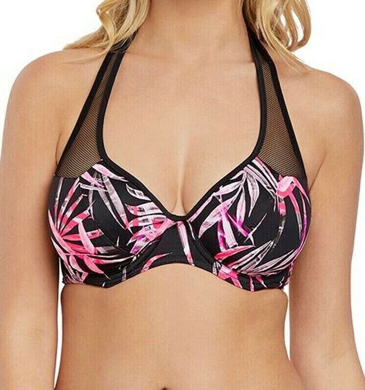 Freya Sunset Palm Bikini Top Size 32DD Black Pink Underwired Halter Neck 2891