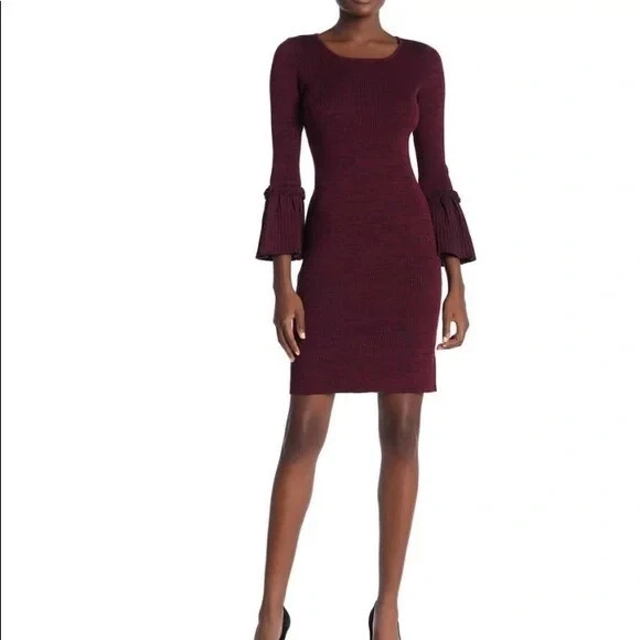 Nina Leonard Bell Sleeve Ribbed Sweater Dress, Size Small Wine Multi | eBay