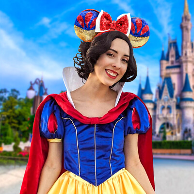 Disney Snow White Themed Minnie Ears Sequin Headband with Blue Bow Disney-100th Snow White Headband Blue Bow Minnie Ears  main image 3