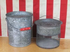 Vintage Fishing Galvanized Metal Minnow Bucket & Flow Through Bait Bucket Pair