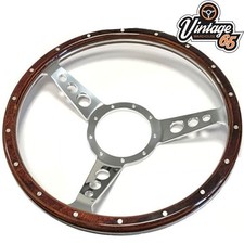 14" Steering Wheel Vintage Classic Car Dark Wood Riveted Semi Dished + Fittings