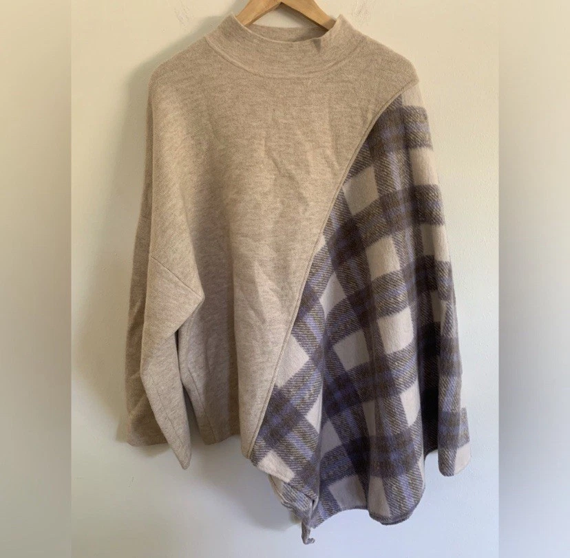 Anthropologie Pilcro Oversized Cream Mixed Plaid Poncho Sweater One Size