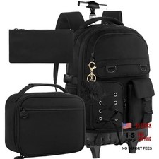 Black 3PCS Black Rolling Bookbag for Girls & Women - Ribbon Bow - Black