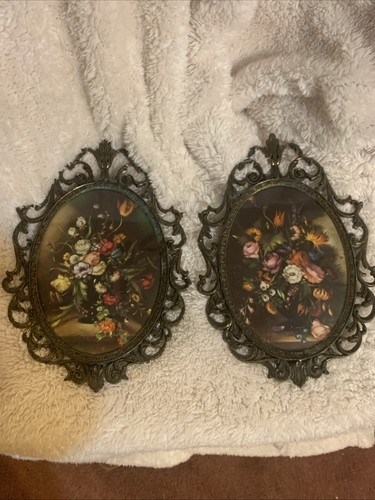 Vtg Pair Italian Floral Still Life Art Brass Gold Frames Hollywood Regency READ