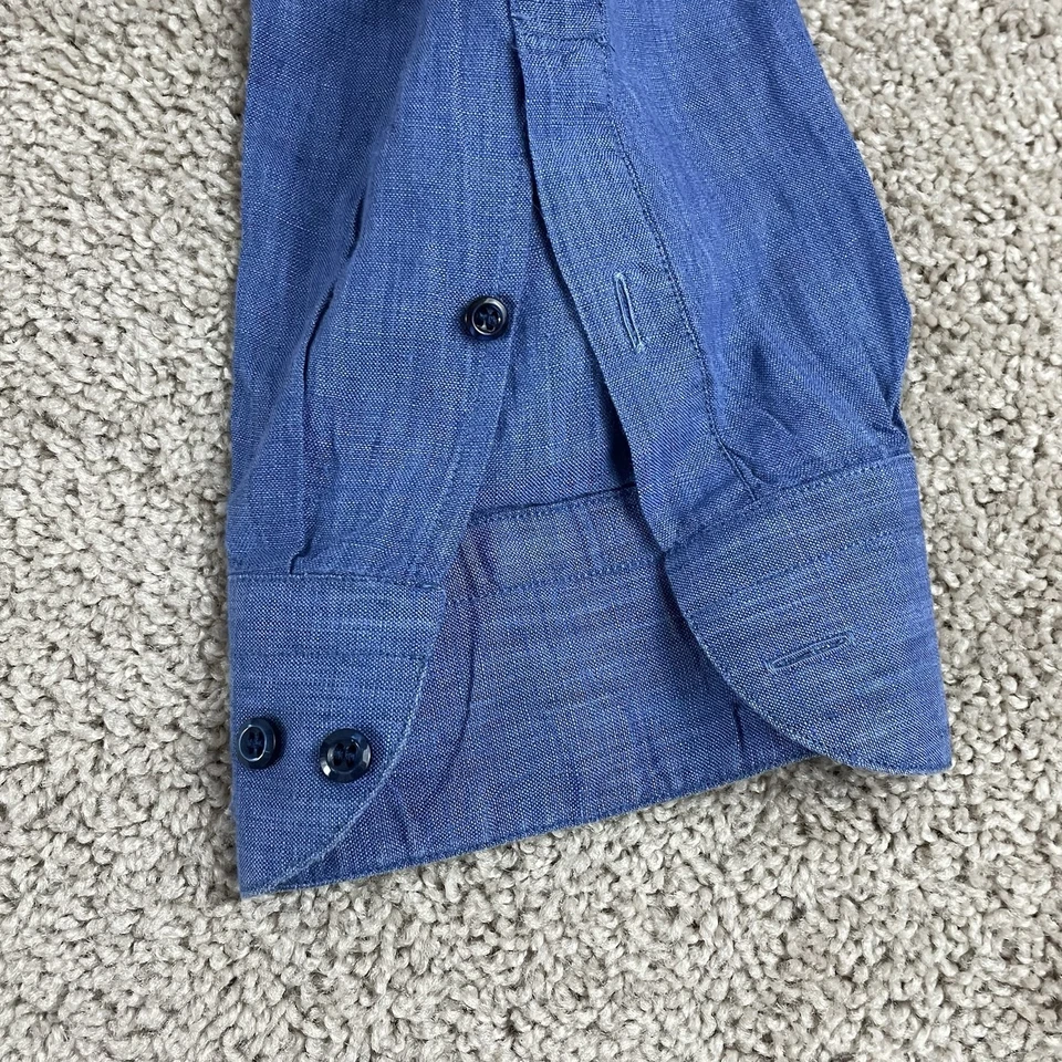 Camisa con botones St. Croix para hombre XL 100 % lino azul trabajo oficina preppy Italia 36 Foto 4 de 4