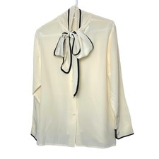 VTG Dae Won Tailor 100 Silk Cream Bow tie Blouse Size M Black elegant secretary