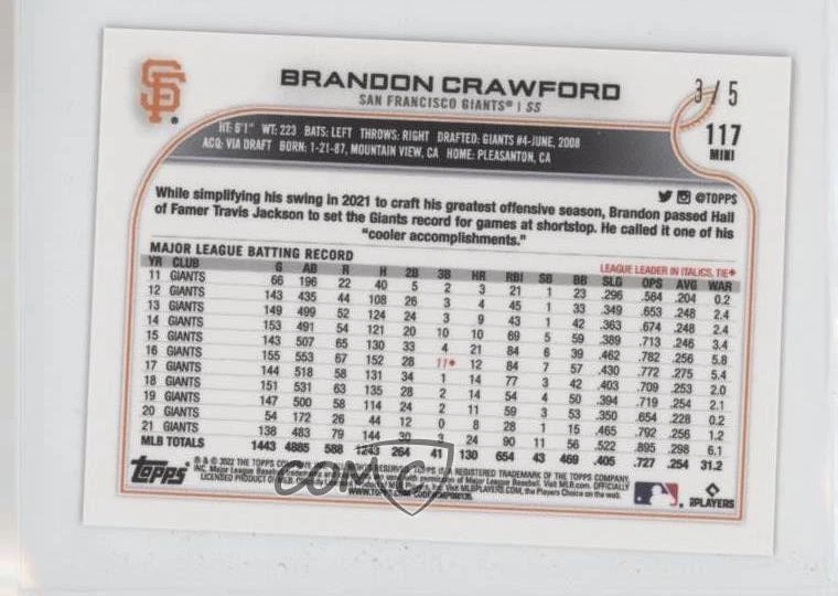 2022 Topps Mini Red /5 Brandon Crawford #117 - Image 2 of 2