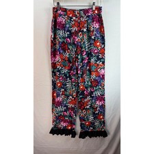 Loved by Anthropologie Floral Pants Navy Red orange black ruffle sz xs Boho