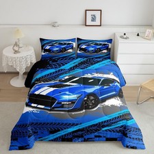 Blue Sports Car Queen Comforter Set for Boys Men - Graffiti Race Car Bedding ...