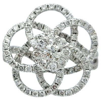 Pavé Diamond Flower Motif Open Loop Cocktail Ring in 14 Karat White Gold