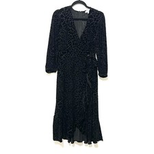Calvin Klein Womens Burnout Velvet Midi Dress 12 Black Leopard Faux Wrap Party