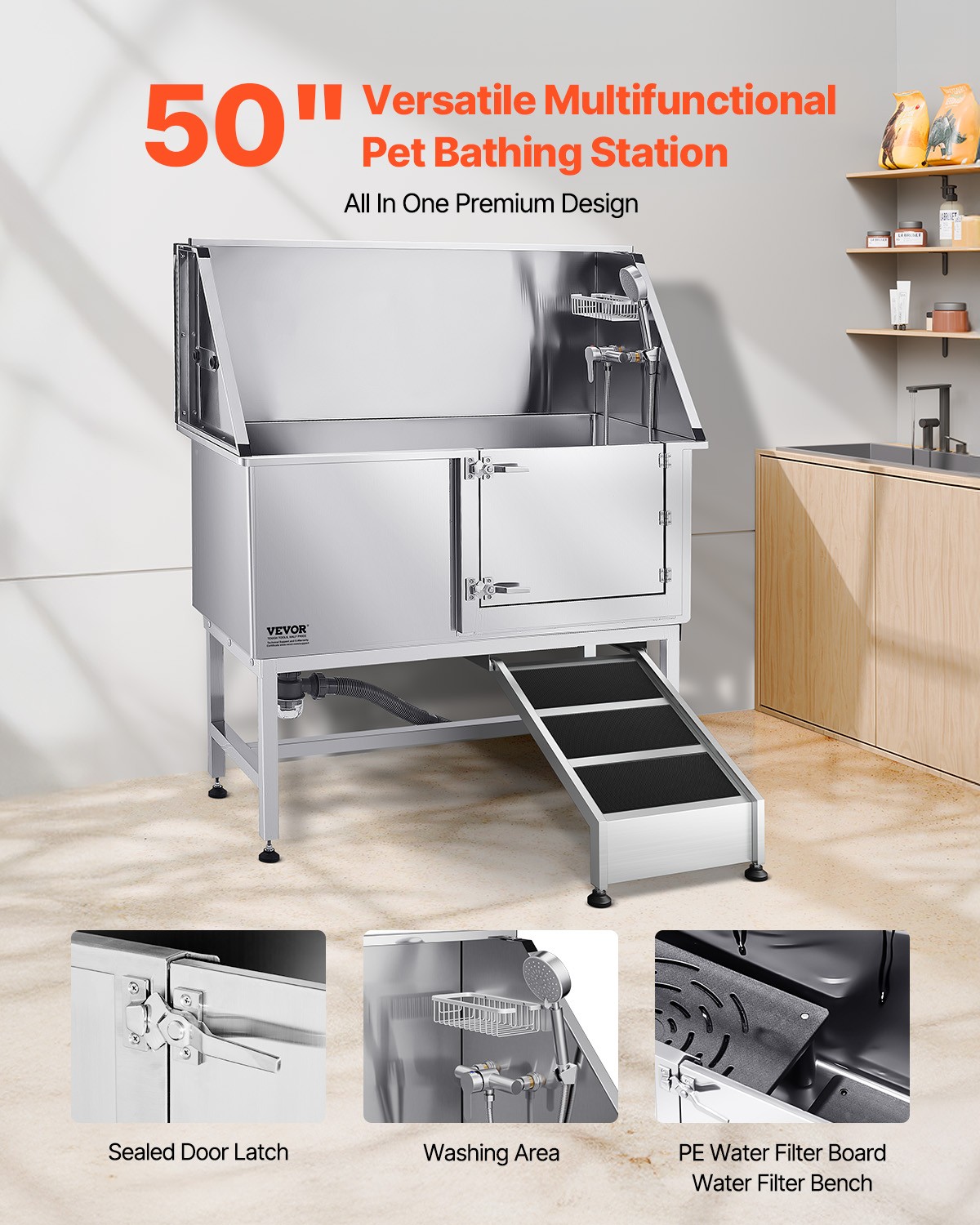 VEVOR 50" Pet Dog Grooming Bath Tub Stainless Steel w/ Ramp & Water Filter