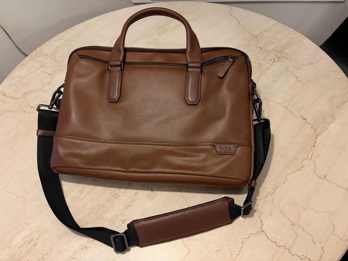 TUMI Harrison Sycamore Slim Leather Laptop Brief Briefcase COGNAC