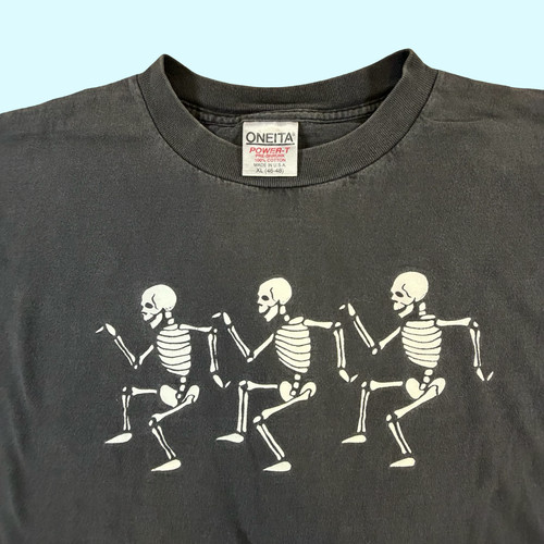 Vintage 90s Dancing Skeletons T Shirt XL Black Oneita Single Stitch USA