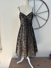 Sue Wong beaded tea length midi a-line black and tan dress 6 $595