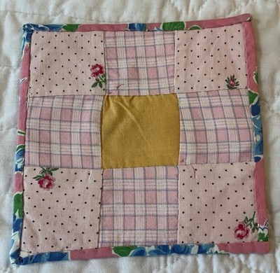 Vintage Patchwork Quilt Small Table Topper, Nine Patch, Pink, Yellow