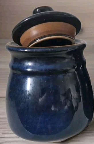 Vintage Cobalt Blue Speckled Airtight Ceramic Storage Canister - Picture 3 of 4